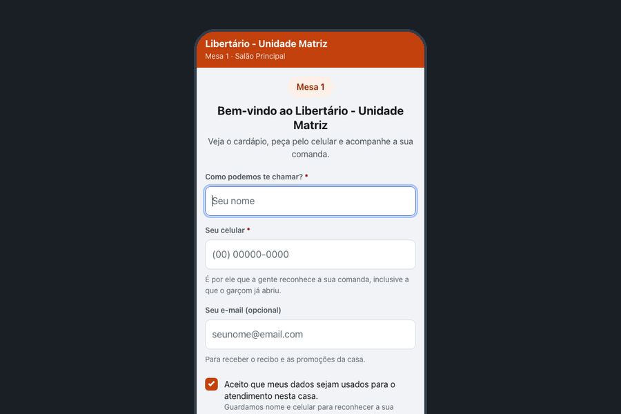 O celular do cliente depois de ler o QR da mesa, com o nome da casa, a mesa identificada e o botão de ver o cardápio.