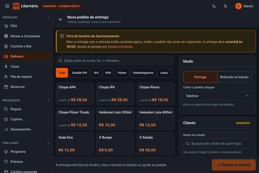 A tela de novo pedido de entrega, com a grade de produtos, a escolha entre entrega e retirada e o cadastro do cliente.