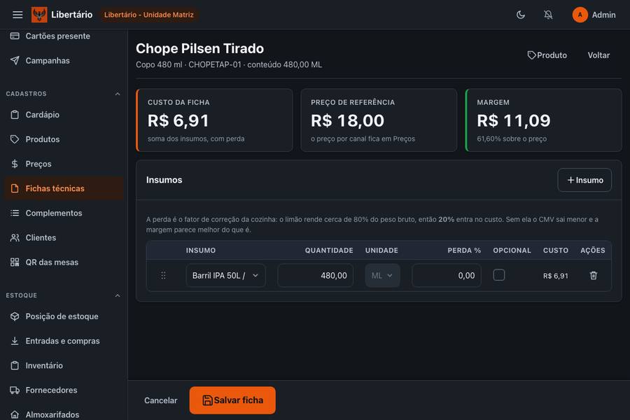 A ficha técnica de um chope, mostrando custo da ficha, preço de referência e a margem em reais.