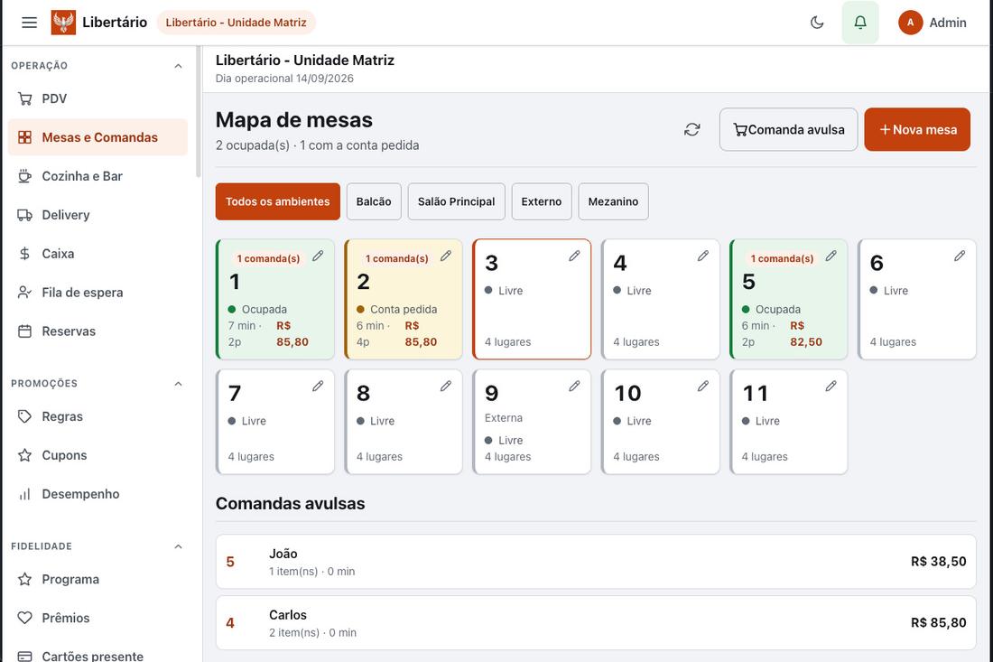 A mesma tela de mapa de mesas no modo claro.